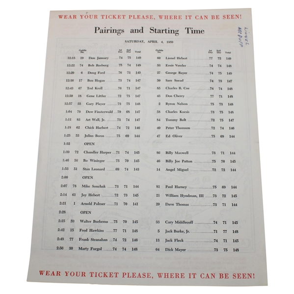 1959 Masters Saturday Pairing Sheet - Jack Nicklaus Masters Tournament Debut
