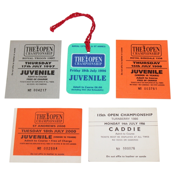 Five (5) Open Championship Tickets - 1986, 1996, 1997, 1998 & 2000
