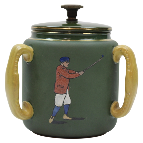 19th Century Taylor - Tunnecliff & Co. 3 Handle Ceramic Tobacco Humidor With 3 Golf Scenes