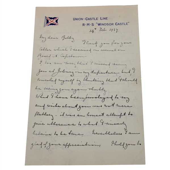 JH Taylor Signed 1934 Handwritten Letter From J. H. Taylor To 16-Year Old Bobby Locke from Scrapbook