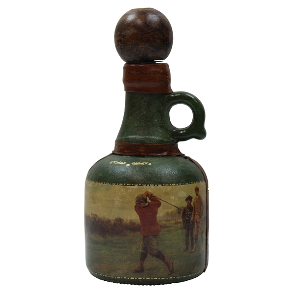 Vintage Fausto Conturi Italian Leather Wrapped Golf Themed Jug Decanter With Stopper