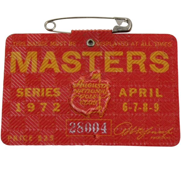 1972 Masters Tournament Series Badge #28004 - Jack Nicklaus Winner