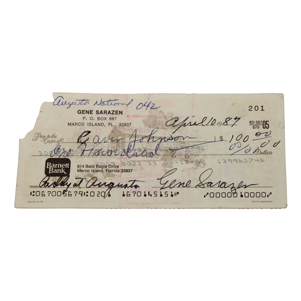 Gene Sarazen Signed Personal Check to His Caddy at Augusta - Sarazen Collection JSA ALOA