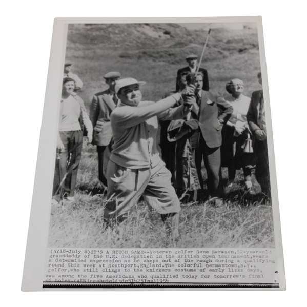 Gene Sarazen 1954 British Open Post Swing Wire Photo - Sarazen Collection