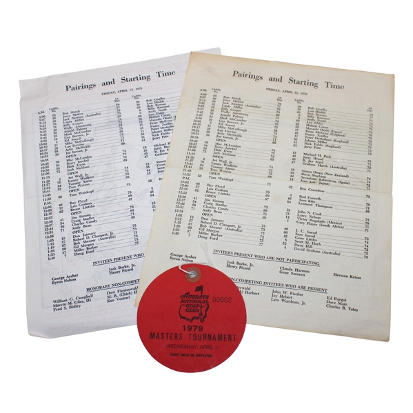 1979 Masters Tournament Wednesday Ticket #00602 & Two (2) Pairing Sheets