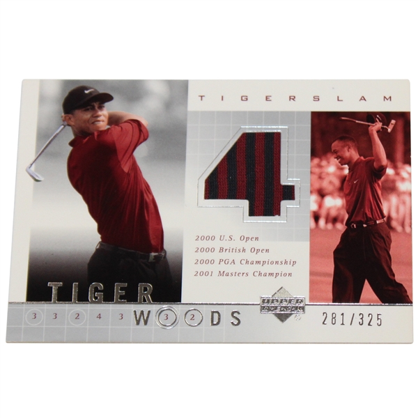 2001 Tiger Woods Upper Deck Tiger Slam 2001 Bay Hill Invitational Worn Red & Black Shirt Swatch Card 281/325