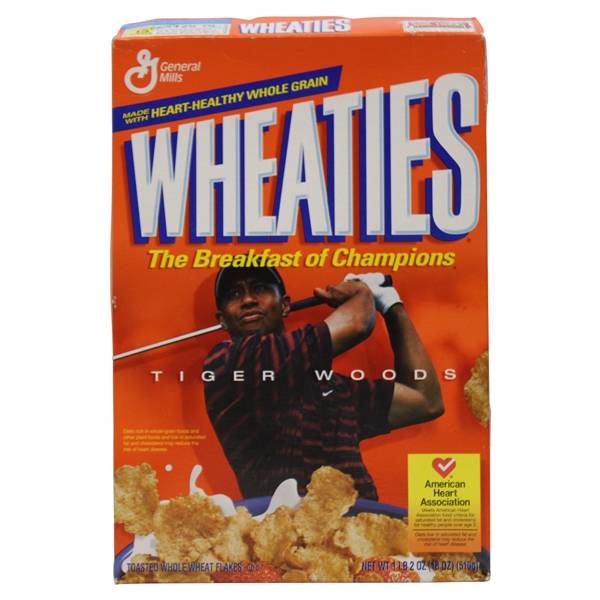 Tiger Woods The Breakfast of Champions 18oz Wheaties Box - Bag Closed/Box Top Opened
