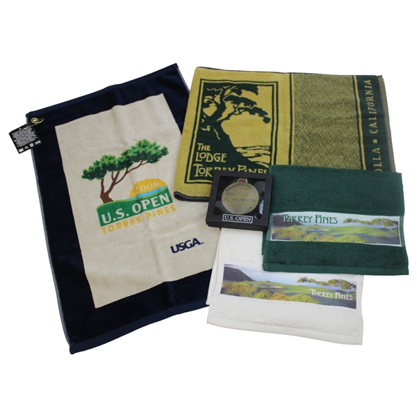 2008 US Open & Three (3) The Lodge at Torrey Pines Towel Plus 2008 US Open Metal Bag Tag