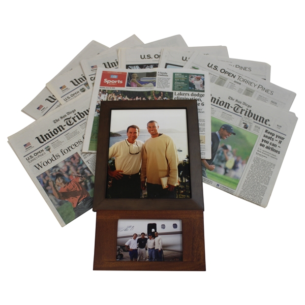 Two (2) Original Tiger Woods Photos w/San Diego Union Tribune 2008 US Open Coverage Newspapers