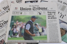 Two (2) Original Tiger Woods Photos w/San Diego Union Tribune 2008 US Open Coverage Newspapers