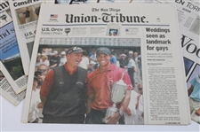 Two (2) Original Tiger Woods Photos w/San Diego Union Tribune 2008 US Open Coverage Newspapers