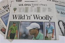 Two (2) Original Tiger Woods Photos w/San Diego Union Tribune 2008 US Open Coverage Newspapers