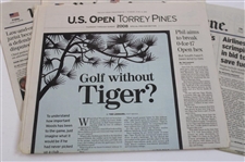 Two (2) Original Tiger Woods Photos w/San Diego Union Tribune 2008 US Open Coverage Newspapers