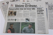 Two (2) Original Tiger Woods Photos w/San Diego Union Tribune 2008 US Open Coverage Newspapers