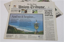 Two (2) Original Tiger Woods Photos w/San Diego Union Tribune 2008 US Open Coverage Newspapers