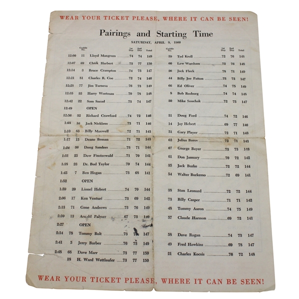 1960 Masters Tournament Saturday Pairing Sheet - Arnold Palmer Winner