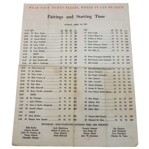 1964 Masters Tournament Sunday Pairing Sheet - Arnold Palmer Winner