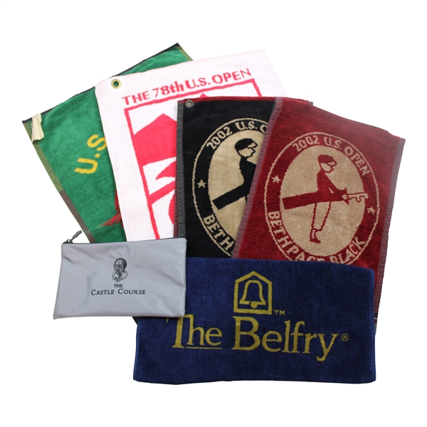 Four (4) US Open Bag Towels (1978, 1993 & 2002(x2)) plus The Belfry Towel & The Castle Course Bag