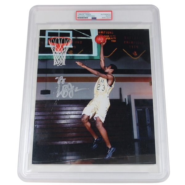 LeBron James Signed High School Dunking Photo PSA Authentic Auto #84613279