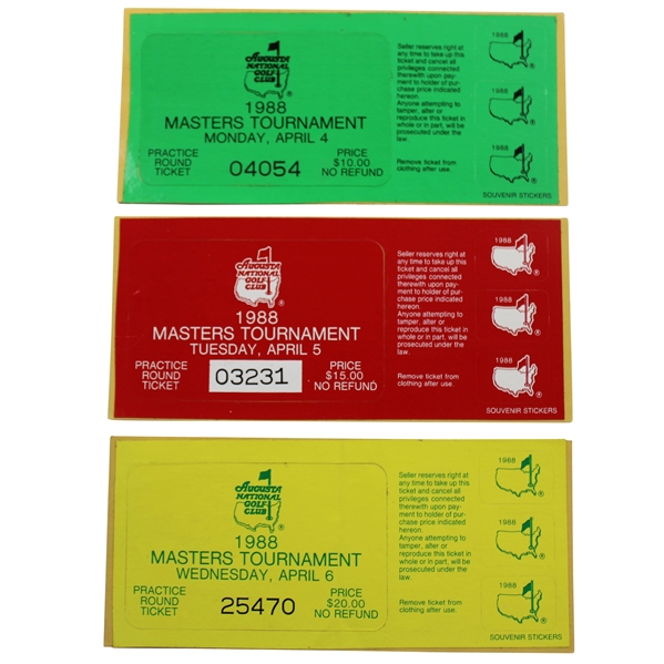 1988 Masters Tournament Monday, Tuesday & Wednesday Practice Rd Tickets - Sandy Lyle Winner