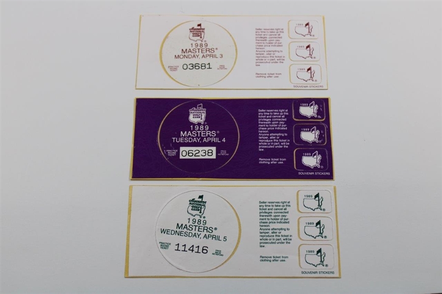 1989 Masters Tournament Monday, Tuesday & Wednesday Practice Rd Tickets - Nick Faldo Winner