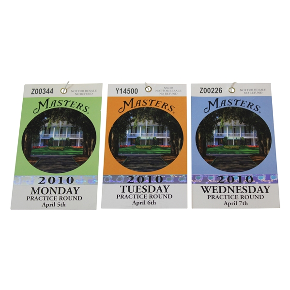 2010 Masters Tournament Monday, Tuesday & Wednesday Practice Rd Tickets - Phil Mickelson Winner