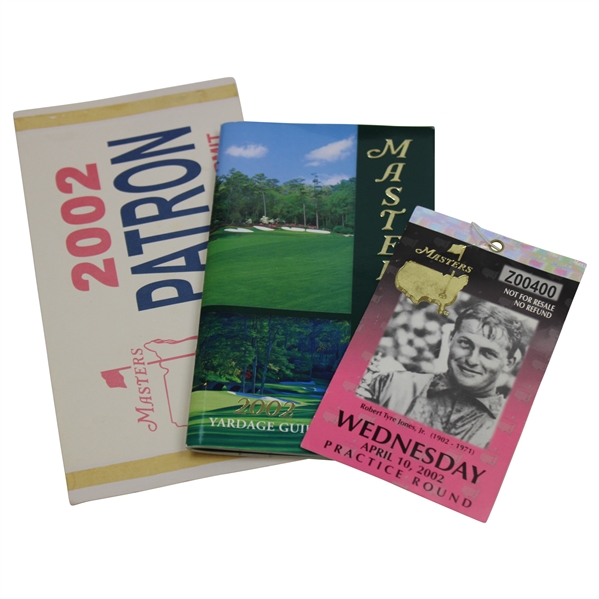 2002 Masters Tournament Wednesday Practice Round Ticket #Z00400 w/2002 Yardage Guide & Parking Permit