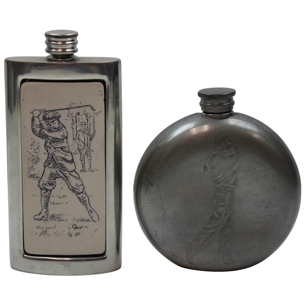 Two (2) English Pewter Golf Themed Flasks
