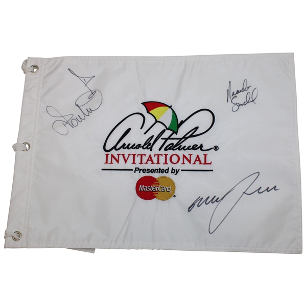 McDowell, Poulter & Snedeker Signed Arnold Palmer Inv. White Embroidered Flag JSA ALOA