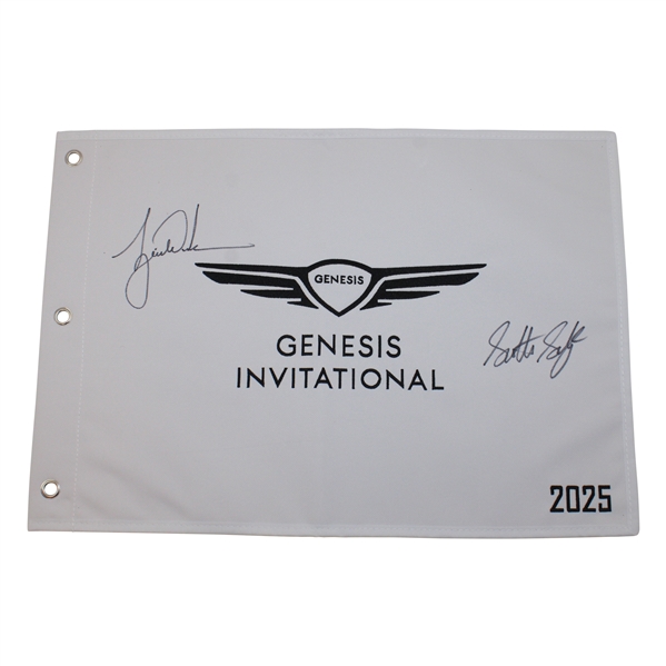 Tiger Woods & Scottie Scheffler Signed 2025 Genesis Invitational Embroidered Flag JSA ALOA