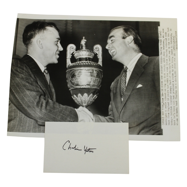 Charlie Yates & Jess Sweetser with Brit. Am Champ Trophy Wire Photo with Signed Card - 1938 JSA ALOA