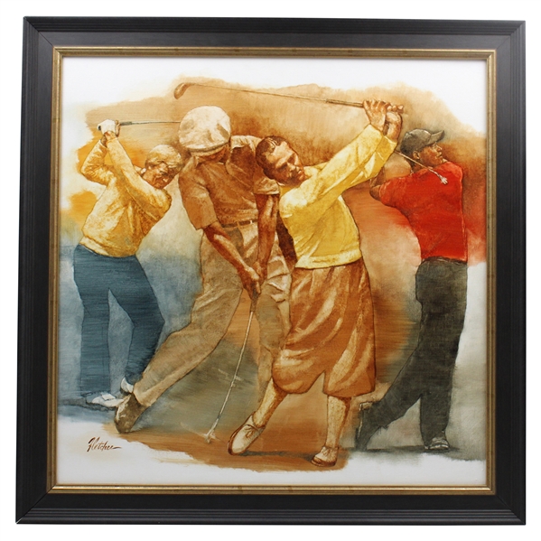 Original Tiger Woods, Bobby Jones, Ben Hogan & Jack Nicklaus Oil Painting Signed by Artist Robert Fletcher - Framed