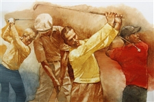 Original Tiger Woods, Bobby Jones, Ben Hogan & Jack Nicklaus Oil Painting Signed by Artist Robert Fletcher - Framed