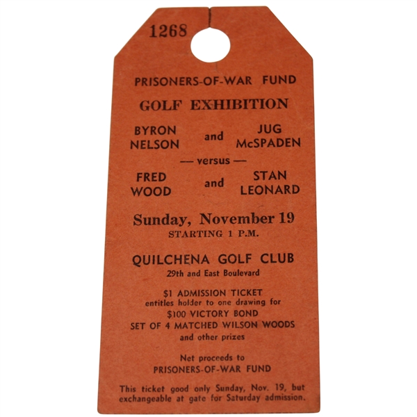 Byron Nelson Signed 1944 Canadian Exhibition Ticket JSA ALOA