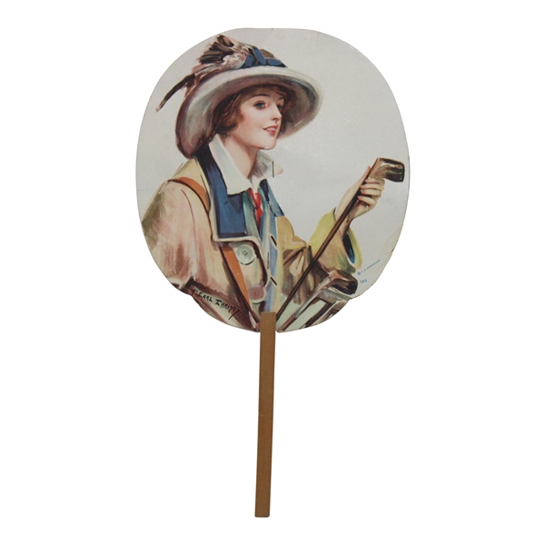 F Earl Christy Artist Signed Young Woman Golfer Advertising Fan. 