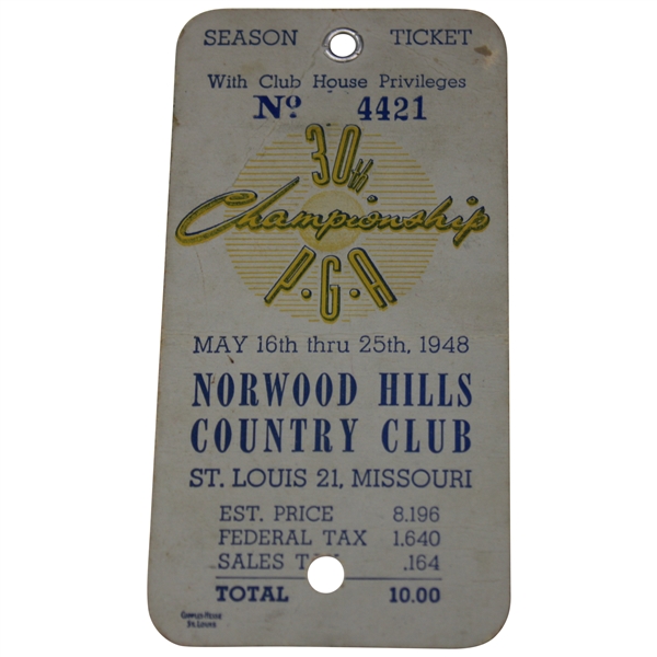 1948 PGA Championship at Norwood Hills CC Series Badge - Ben Hogans 2nd Major Win!