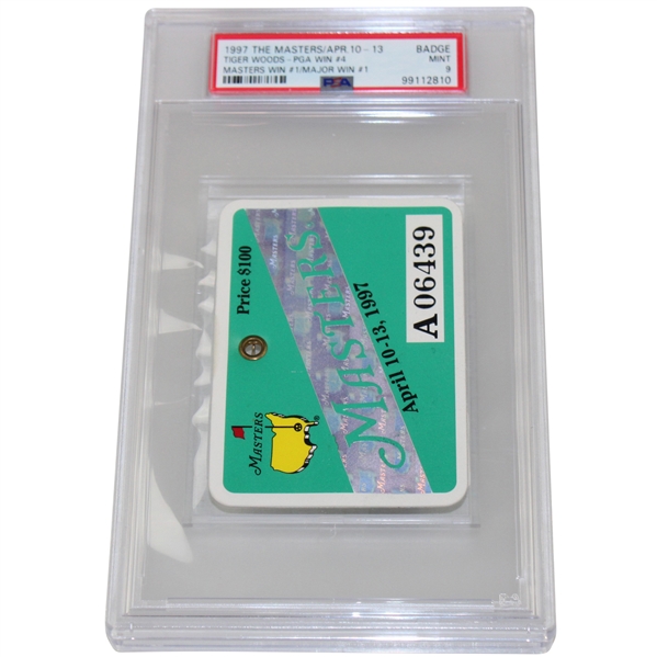 1997 Masters Tournament SERIES Badge #A06439 Tiger PGA Win #4 PSA MINT 9