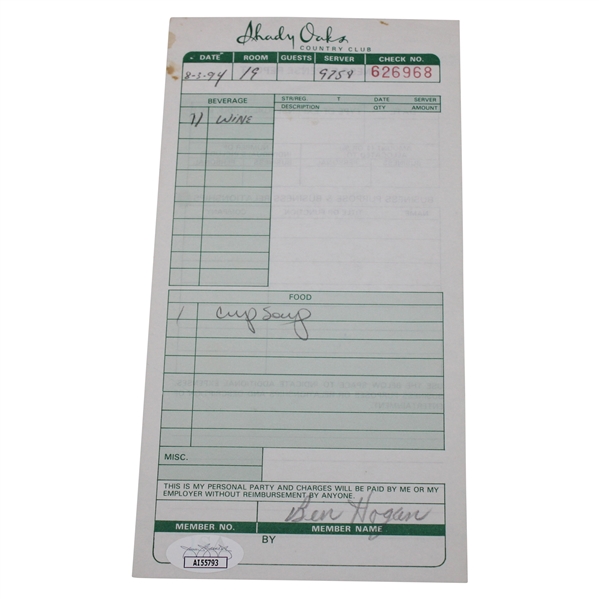 Ben Hogan Signed Personal Shady Oaks CC Members Check from 8-3-1994 JSAAI55793