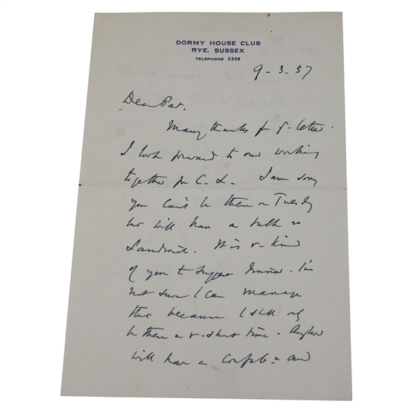 Bernard Darwin Hand Written Letter To Golf Writer Pat Ward Thomas