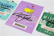 Nick Faldo Signed 1989 & 1990 Masters SERIES Badges plus 1996 Practice Rd Ticket JSA ALOA