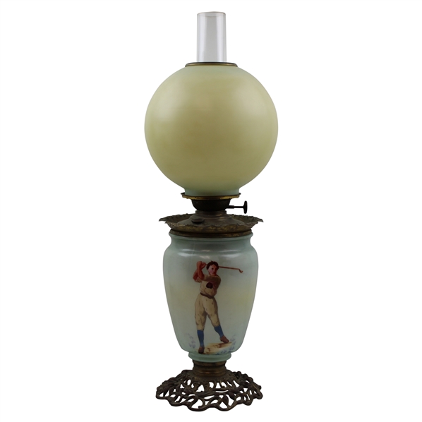 c.1900-1920 Original Gone with the Glass Golf/University Themed Hand Painted Table Lamp