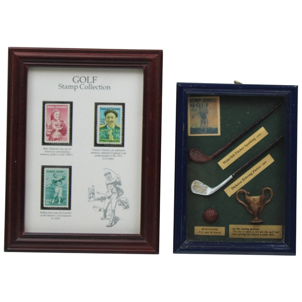 Golf Stamp Collection (Babe, Bobby & Francis) w/Presentation Display of Balls/Clubs/Trophy - Framed