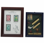 Golf Stamp Collection (Babe, Bobby & Francis) w/Presentation Display of Balls/Clubs/Trophy - Framed