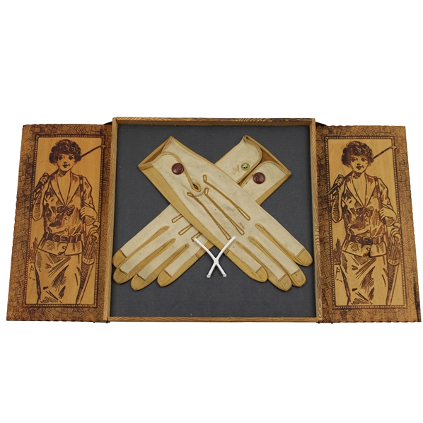 Pair of c.1900 Era The Vardon Grip Golf Gloves in a Pyrography Golf Box