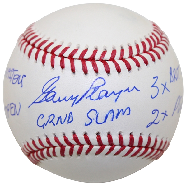 Gary Player Signed MLB Baseball w/Grand Slam, 3x Masters, 65 US Open, 3x British Open, 2x PGA Inscr. JSA #CA63074