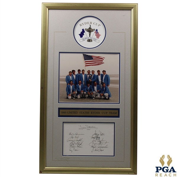 1991 Ryder Cup American Team Photo w/Trophy on Beach w/Flag - Framed