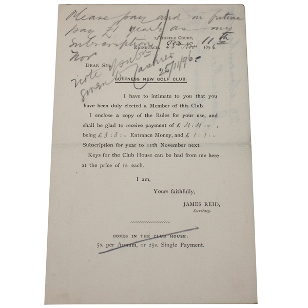 Thistle Court Edinburgh 1896 Luffness New Golf Club Dues Statement