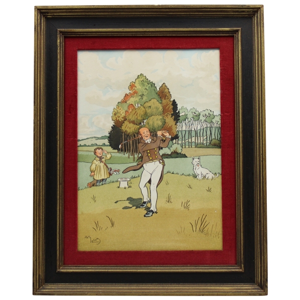 Post-Swing Golfer with Caddy & Dog Comic Golf Print by Harry Elliot - Framed