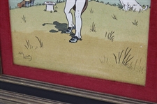 Post-Swing Golfer with Caddy & Dog Comic Golf Print by Harry Elliot - Framed