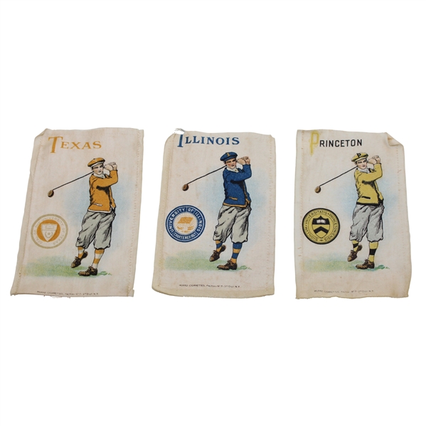 Three (3) c.1920s Murad Collegiate Golf Cigarette Silks/Cards - Texas, Illinois & Princeton